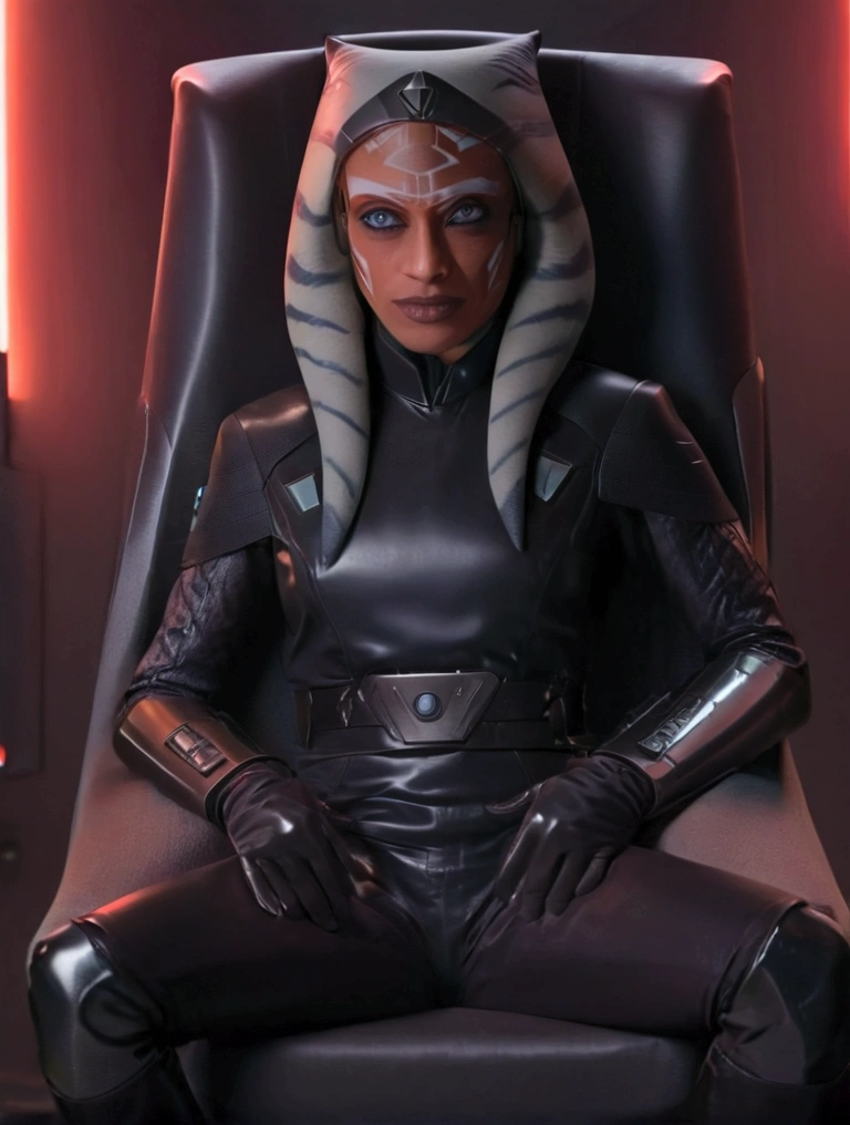 A Ahsoka with (((glowing yellow eyes))), sitting confidently on a modern-looking chair, dressed in a white latex military uniform with a rank plate, wearing a black cape, with a serious but relaxed expression, in a dim lighting with red and blue tones, wearing black gloves and tall boots, one leg crossed over the other, in a futuristic or space environment, depicted in a comic-like drawing style with bold lines and vibrant colors.