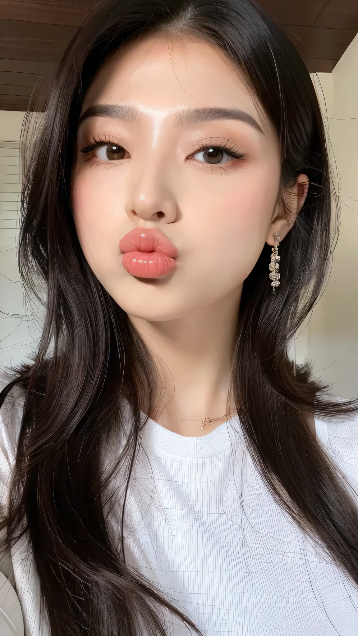 a beautiful woman,alone,black eyes,perfect face,pouting mouth,pouting