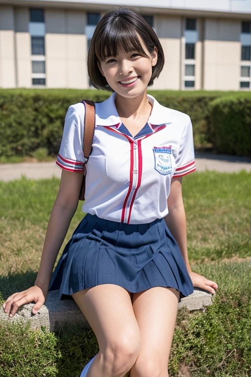 Pure young Japanese school girl, wearing uniforms, sneakers, natural makeup, natural ponytail, sweet smile, sexual attractive and temptation, sitting and relaxing, lift up skirt, spread wide legs, panty, professional portrait photography, dazzling summer sunlight,