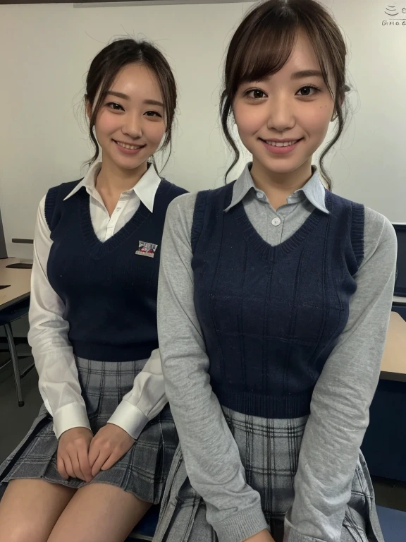 ((Highest quality, 8K, masterpiece: 1.3)),((Amazing details: 1.2)),((shape: 1.1)), (Realistic, photoRealistic:1.4), japanese 2 Female, high school girls、 Shiny skin, thin, beautiful hair, Beautiful Face, Highly detailed face, Beautiful attention to detail, Beautiful clavicle, Beautiful body, Beautiful breasts, Beautiful thighs, Beautiful legs, Beautiful fingers, (High-quality fabric, (Navy knit vest), red checked tie, White long sleeve collared shirt, Grey plaid pleated skirt), Black socks, , (Beautiful views), morning, (classroom) 、Sitting at a desk,,short hair、 Long eyelashes, (Captivating smile, Upward glance, Small with open mouth),