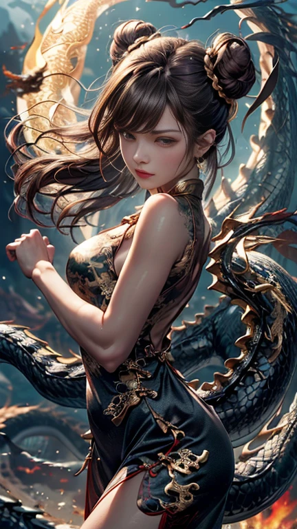 tmasterpiece，Need，Chinese fairy，1girl\(loli\)and the iris red dragon，Chinese dragon pan glared at the girl，baozi，dark grey background，dragon_real，（Very detailed CG unity 8k wallpaper，tmasterpiece，best qualtiy，ultra - detailed，beatiful detailed eyes：1.2），best illuminate，（The best shadow，Extremely refined and beautiful，full bloom），The girl is surrounded by dragons，（1girll：1.4），nedium breasts，独奏，full bodyesbian，tattooed back，white dresses，（Color dragon：1.4），????? leg，long  skirt，