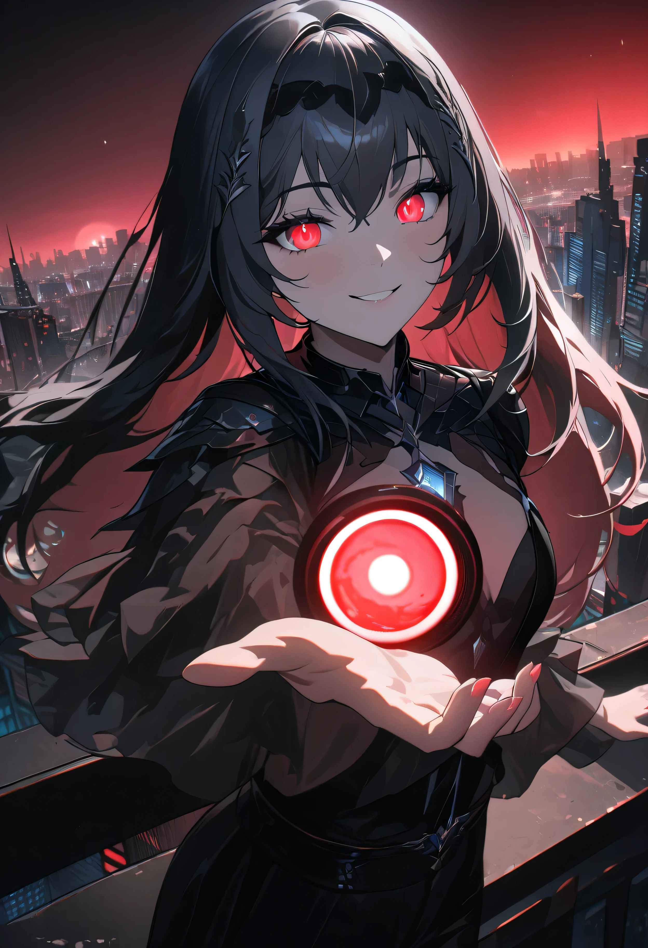 quality, semi-realistic anime, masterpiece, best quality, detailed picture, HD32k, SPPolitis, 1girl, left hand infront of camera, red light circle aura in girl left hand, looking at viewer, rooftop, night, cityscape, neoncity, 1 moon, red moon, glowing eyes, smile
