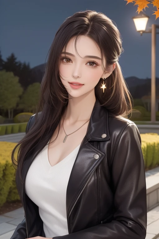 (masterpiece, Best Quality,  high res, High image quality, 8k), A young and beautiful woman ,  Height: 165cm, Depiction of a pretty and cute face, A biologically healthy body, Well-proportioned body, Beautiful brown eyes, Pink Lips, Light brown and black long hair, Hair that floats blown by the wind , Her hair is tied back., Mid-chest, Beautiful valley, Earrings, necklace,  V-neck sweater,  Leather Jacket . Look at me and smile, Outdoor, Night Sky, Starry Sky, milky way, Autumn season, Trees are colored, autumn leaves (Maple)The beautiful gardens of, Beautiful maple trees ,  brightly colored red,  cosmos flowers are blooming ,  unique creations and depictions, Detailed illustration art, Vivid and super clear drawing ,　