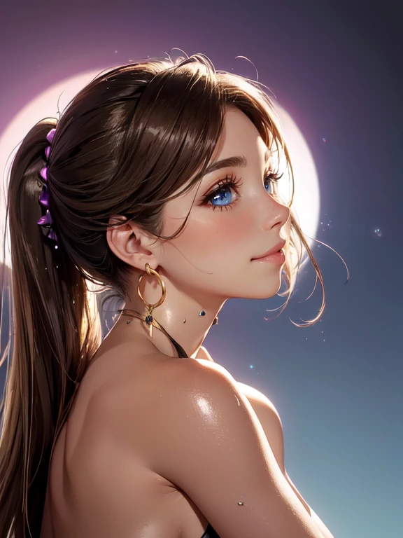 (1 front photo), beautiful face, Highly detailed face and skin texture, (fine eyes), brown eyes, double eyelid, thin eyebrows, glitter eyeliner: 1.2, natural cheeks, shiny skin, white skin: 1.2, shiny earrings, (glossy lips: 1. 4), ((in the heat)), (30 years old), (Straight ponytail, brown hair, diagonal bangs))((upper body shot)), (Focus on the back), (nude),((shoot from behind)),Moonlight night,pointy breasts