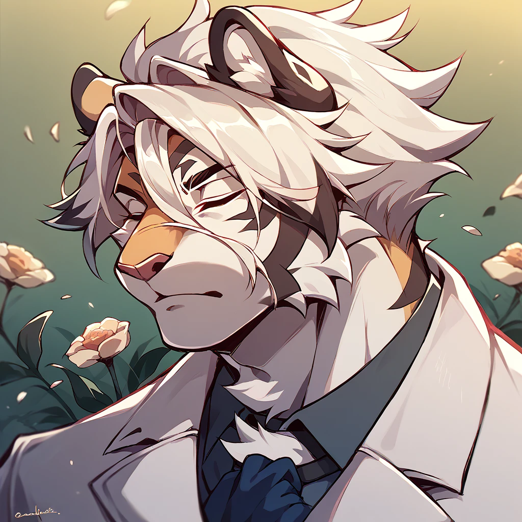 A juvenile tiger, Hairstyle ( long hair), in white suit, with eyes closed, while holding a daffodil, on the face in the middle of a field of flowers behind, bottom, necessary. 