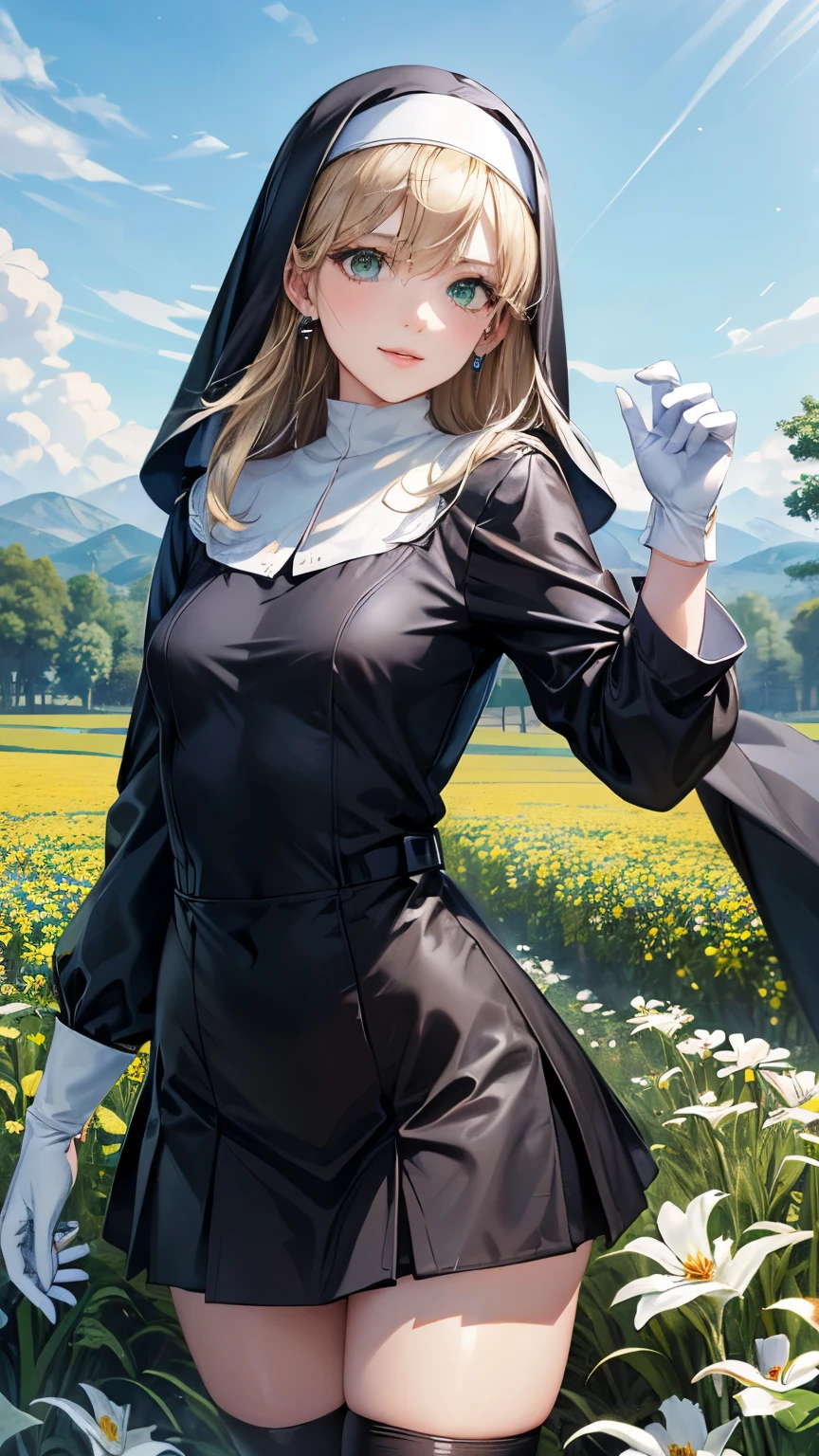  1 girl ，Blonde long hair，((Hide one eye))，((Clear green eyes))，((Nun in religious garb))，((4K，8k，CG Unity，Masterpiece，masterpiece，Best Quality:1.5))，Official image，Perfectly correct anatomy，((Realistic:1.2))，Bust Up，((Staring at the camera with a gentle smile ))，((Random Pause))，A pose that attracts men，Perfect beautiful girl，Beautiful woman，Supermodel， Beautiful Detailed Skin Texture ，Beautiful Lips，Very detailed acrylic painting，Very beautiful and smooth hair， Pro Lighting，Perfectly correct hand shape， Black Pleated Micro Mini Skirt，Black thigh-high stockings，Black pumps，White gloves，Small sparkling earrings，blue sky, church and flower field background，Very strong wind