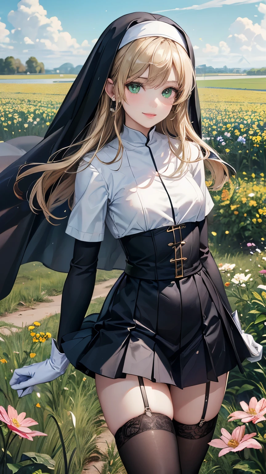  1 girl ，Blonde long hair，((Hide one eye))，((Clear green eyes))，((Nun in religious garb))，((4K，8k，CG Unity，Masterpiece，masterpiece，Best Quality:1.5))，Official image，Perfectly correct anatomy，((Realistic:1.2))，Bust Up，((Staring at the camera with a gentle smile ))，((Random Pause))，A pose that attracts men，Perfect beautiful girl，Beautiful woman，Supermodel， Beautiful Detailed Skin Texture ，Beautiful Lips，Very detailed acrylic painting，Very beautiful and smooth hair， Pro Lighting，Perfectly correct hand shape， Black Pleated Micro Mini Skirt，Black thigh-high stockings，Black pumps，White gloves，Small sparkling earrings，blue sky, church and flower field background，Very strong wind