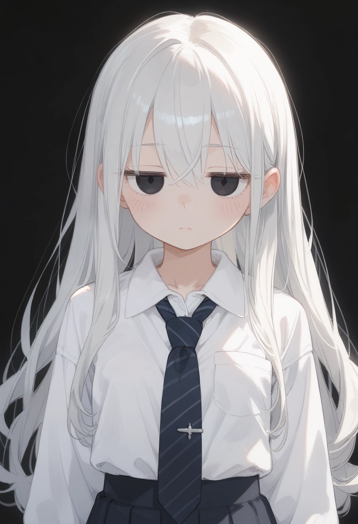 1girl, solo, long hair, white hair, black eyes, accurate eyes, cute, , cowboy shot, straight hair, baby face, ジトetween eyes, jitome, blush, blank eyes, expressionless, school uniform, white long sleeve shirt, tie