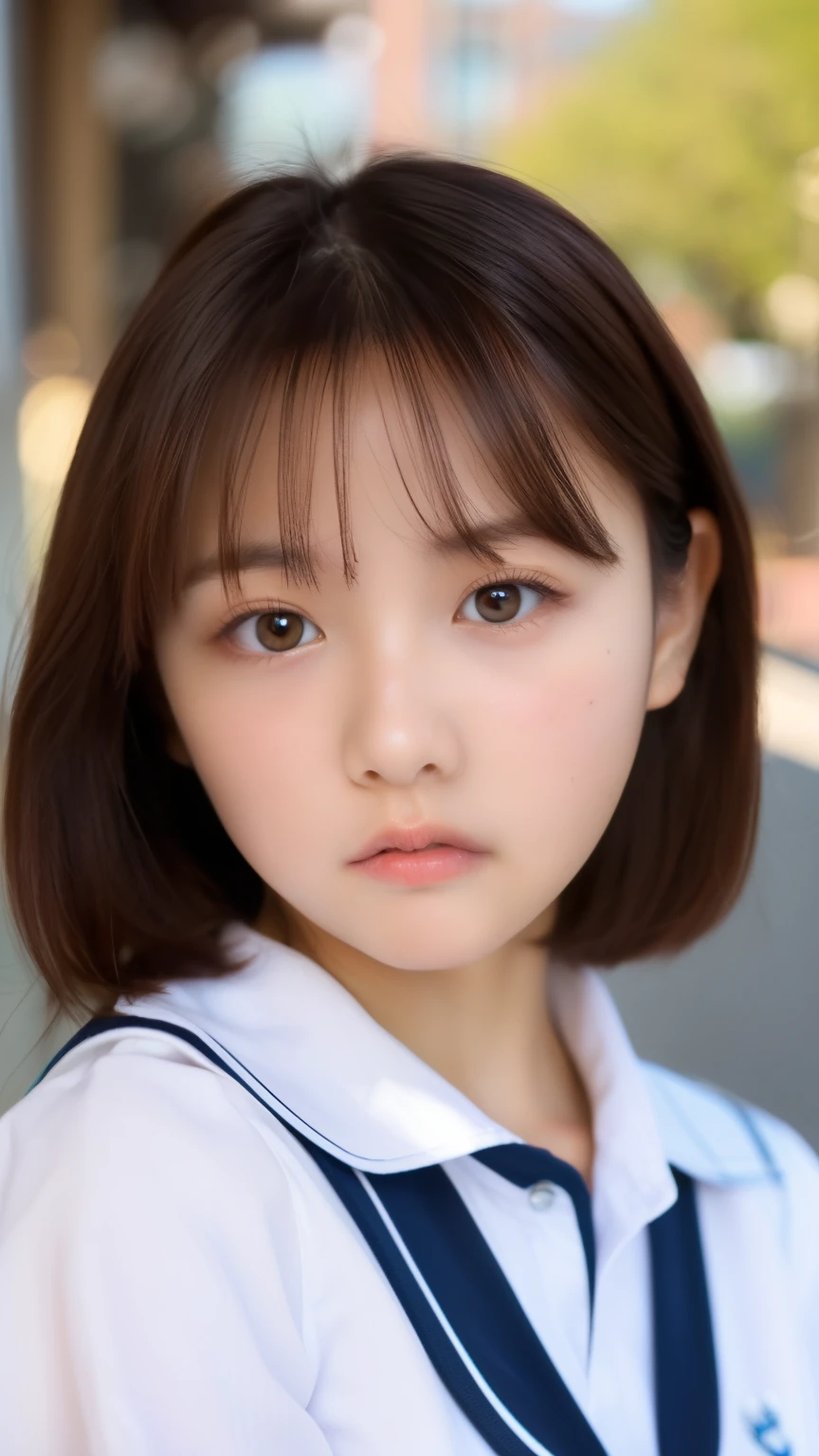 (Facial image:1.25), , (cute), (baby face), (Round face), One Japanese woman, Beautiful girls, Beautiful Face, (Short Straight Hair)、(Big Breasts:1.4), ( Viewers), (   standing facing the camera   ), (Natural Mouth)、(pout:1.2)、(Student Uniform)