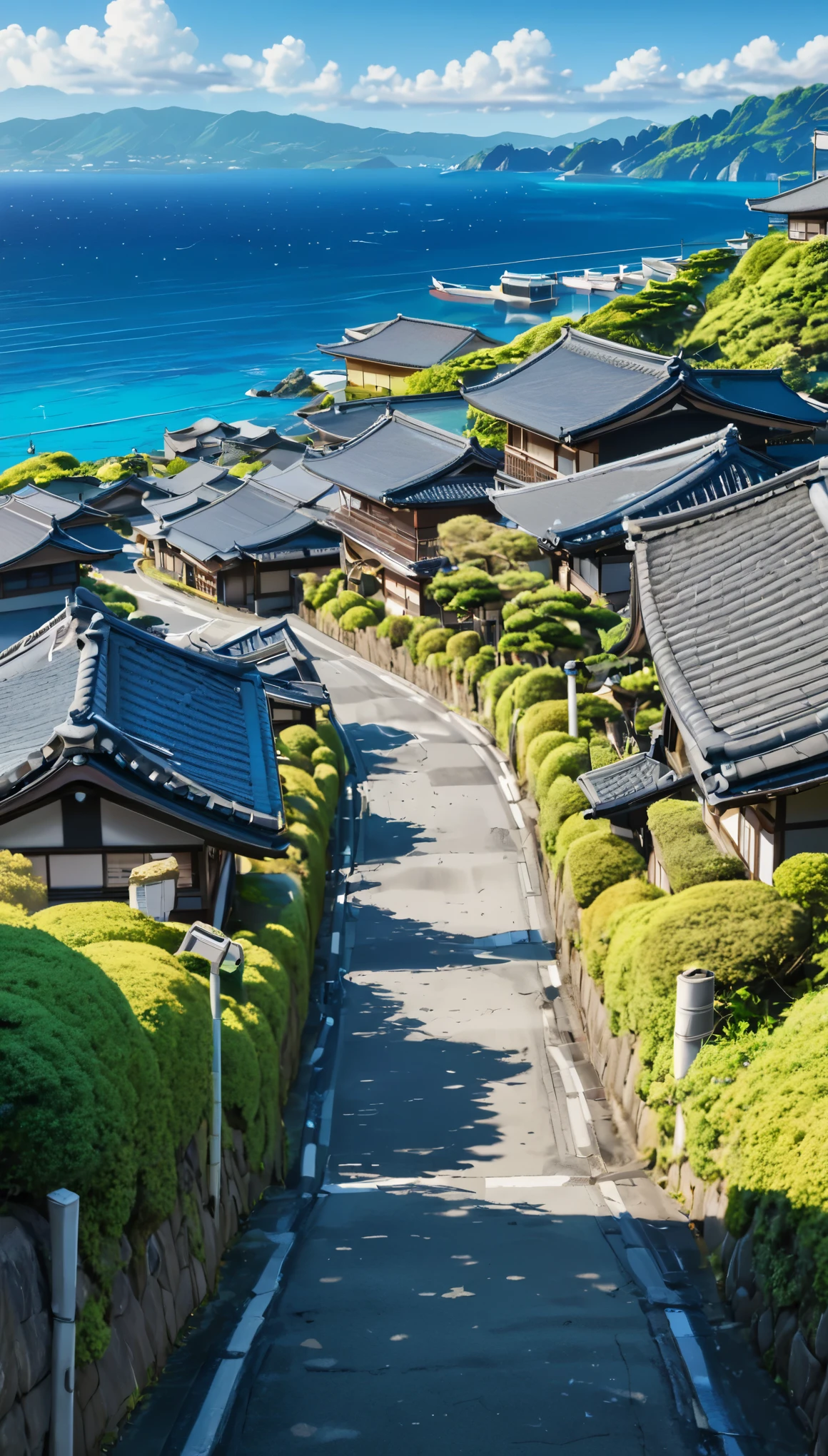 SDXL_2D_Zip, High resolution absurd images、Best quality anime aesthetic images、Image of a Japanese concrete road lined with traditional houses, A view leading to the blue sea