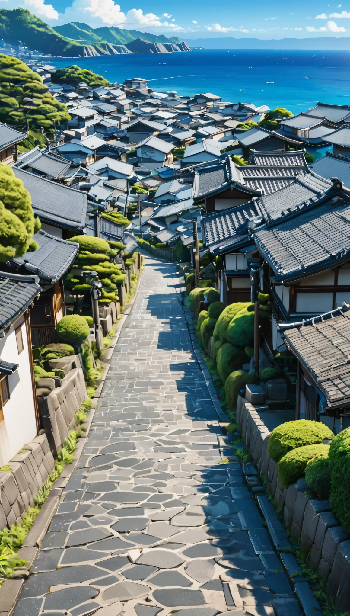 SDXL_2D_Zip, High resolution absurd images、Best quality anime aesthetic images、Image of a Japanese concrete road lined with traditional houses, A view leading to the blue sea