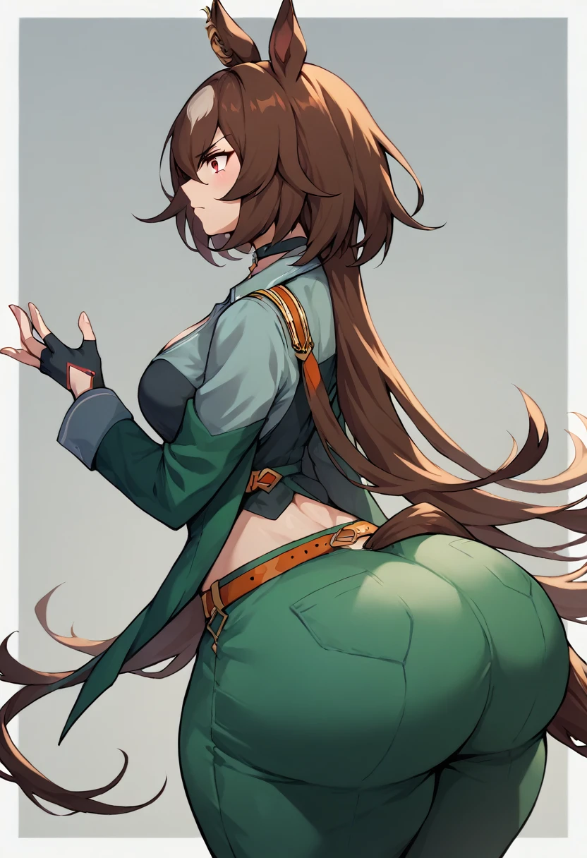 Highest quality, High Resolution, 1 girl, soro, ass, ass focus, sirius symboli, horse tail, streaked hair, brown hair, white hair, animal ears, ear ornament, red eyes, green jacket, open jacket, long sleeves, grey shirt, collared shirt, midriff peek, black gloves, fingerless gloves, green pants, brown belt, black choker, pendant choker, cleavage, ass, hyper ass, huge is, big ass, wide hip, ass focus, gigantic ass, thick thighs, massive thighs,