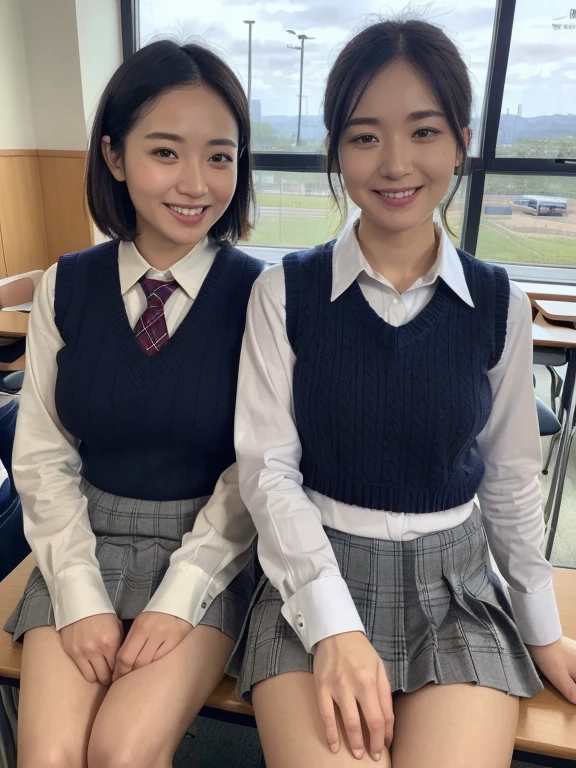 ((Highest quality, 8K, masterpiece: 1.3)),((Amazing details: 1.2)),((shape: 1.1)), (Realistic, photoRealistic:1.4), japanese 2 Female, high school girls、 Shiny skin, thin, beautiful hair, Beautiful Face, Highly detailed face, Beautiful attention to detail, Beautiful clavicle, Beautiful body, Beautiful breasts, Beautiful thighs, Beautiful legs, Beautiful fingers, (High-quality fabric, (Navy knit vest), red checked tie, White long sleeve collared shirt, Grey plaid pleated skirt), Black socks, , (Beautiful views), morning, (classroom) 、Sitting at a desk,,short hair、 Long eyelashes, (Captivating smile, Upward glance, Small with open mouth),