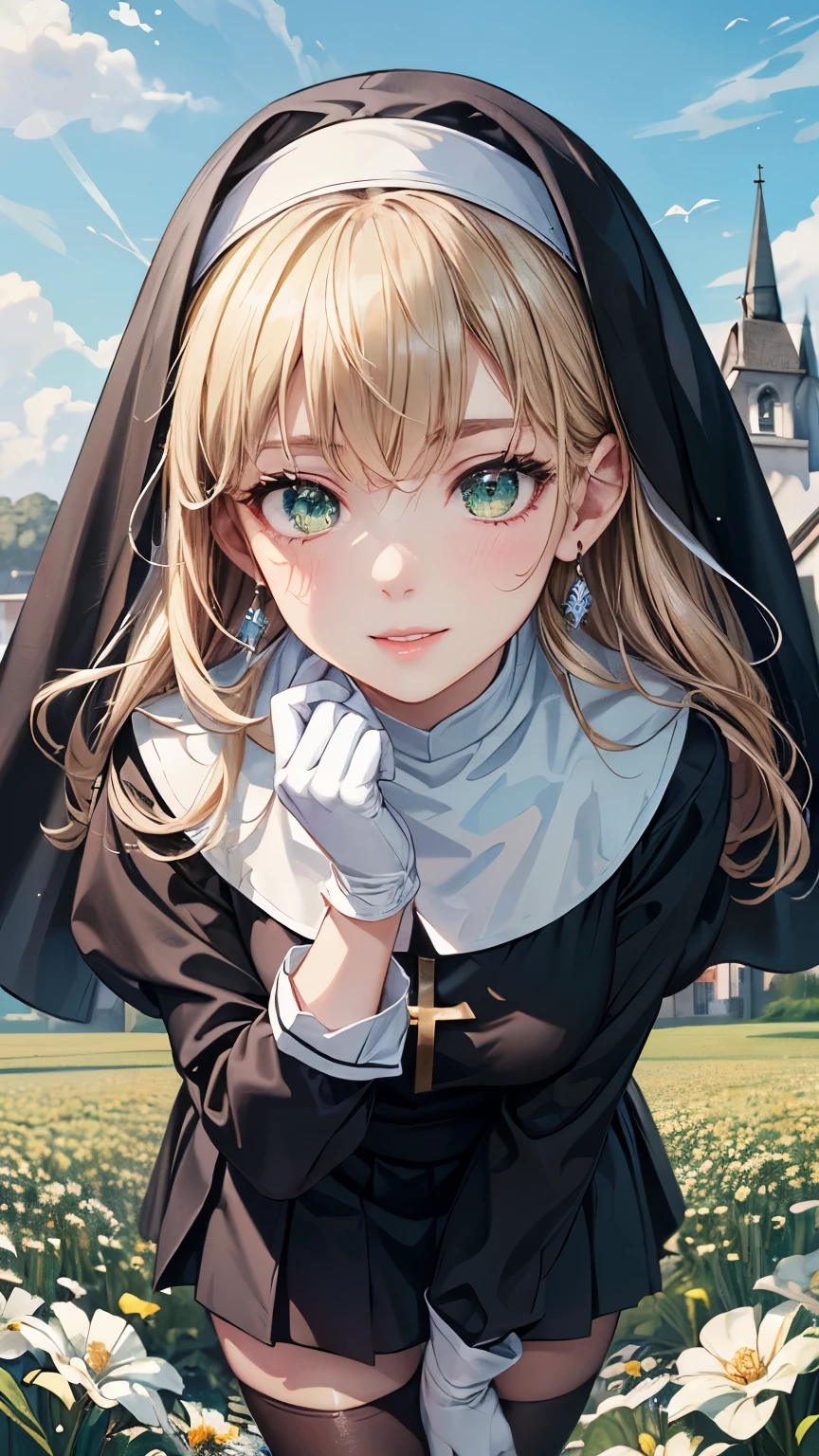 1 girl ,Blonde long hair,((Hide one eye)),((Clear green eyes)),((Nun in religious garb)),((4K,8k,CG Unity,Masterpiece,masterpiece,Best Quality:1.5)),Official image,Perfectly correct anatomy,((Realistic:1.2)),Bust Up,((Staring at the camera with a gentle smile )),((Random Pause)),A pose that attracts men,Perfect beautiful girl,Beautiful woman,Supermodel, Beautiful Detailed Skin Texture ,Beautiful Lips,Very detailed acrylic painting,Very beautiful and smooth hair, Pro Lighting,Perfectly correct hand shape, Black Pleated Micro Mini Skirt,Black thigh-high stockings,Black pumps,White gloves,Small sparkling earrings,blue sky, church and flower field background,Very strong wind