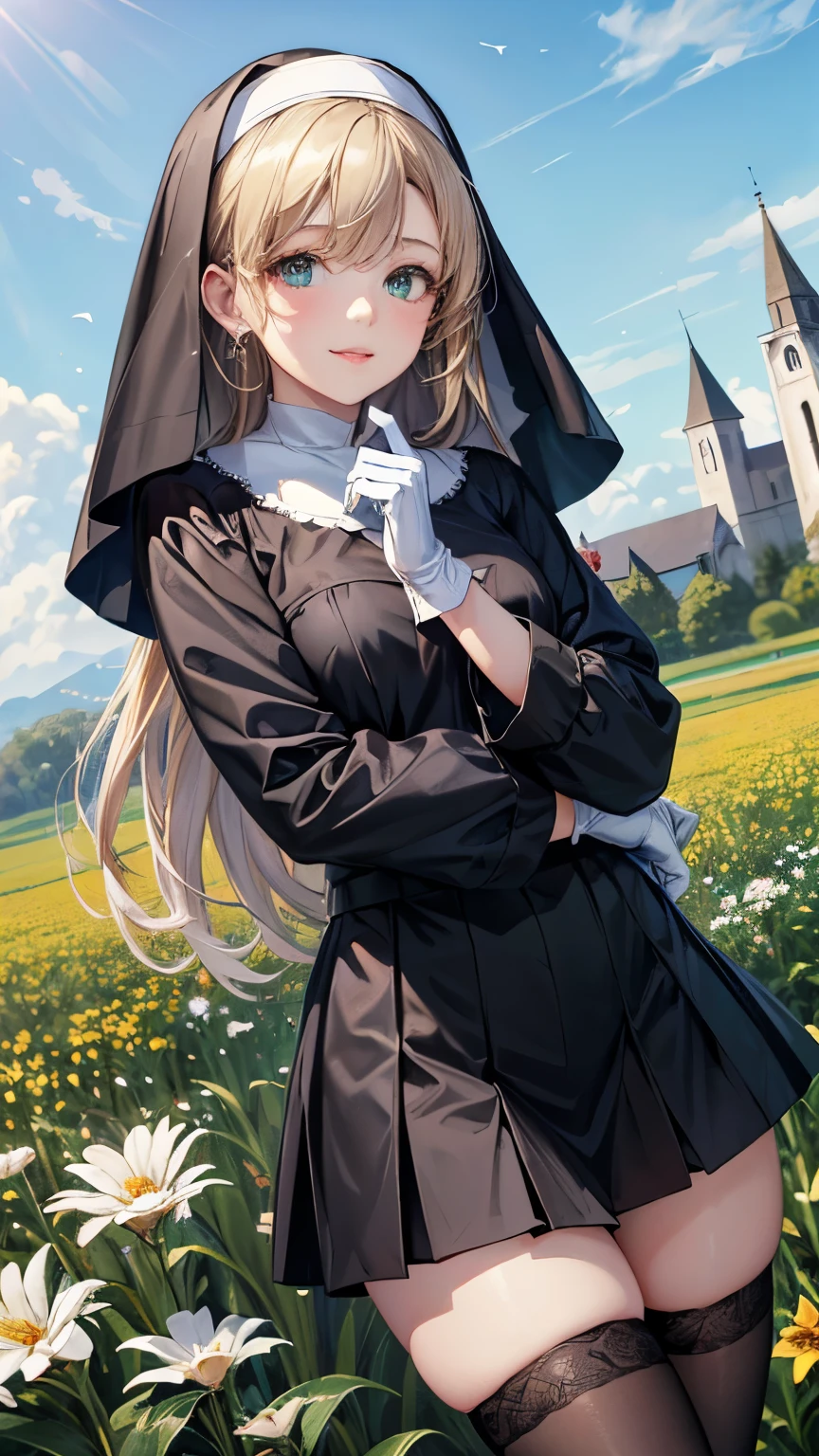  1 girl，Blonde long hair，((Hide one eye))，((Clear green eyes))，((Nun in religious garb))，((4K，8k，CG Unity，Masterpiece，masterpiece，Best Quality:1.5))，Official image，Perfectly correct anatomy，((Realistic:1.2))，Bust Up，((Staring at the camera with a gentle smile ))，((Random Pause))，A pose that attracts men，Perfect beautiful girl，Beautiful woman，Supermodel， Beautiful Detailed Skin Texture ，Beautiful Lips，Very detailed acrylic painting，Very beautiful and smooth hair， Pro Lighting，Perfectly correct hand shape， Black Pleated Micro Mini Skirt，Black thigh-high stockings，Black pumps，White gloves，Small sparkling earrings，blue sky, church and flower field background，Very strong wind