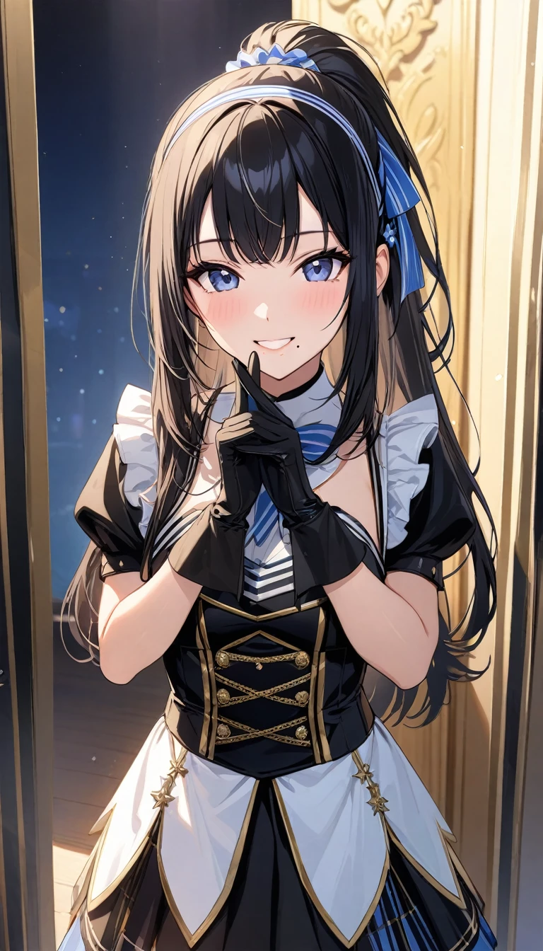 (masterpiece),(Please redeem),(Super detailed),(Best illustrations),(Best Shadow),(Absurd),(Detailed Background),(so beautiful),  Hiori said:, Black Hair, ponytail, smile, One Girl, Long Hair, Hairbands, ponytail, gloves, bangs, Idol, Browse your viewers, Mole under the mouth, 