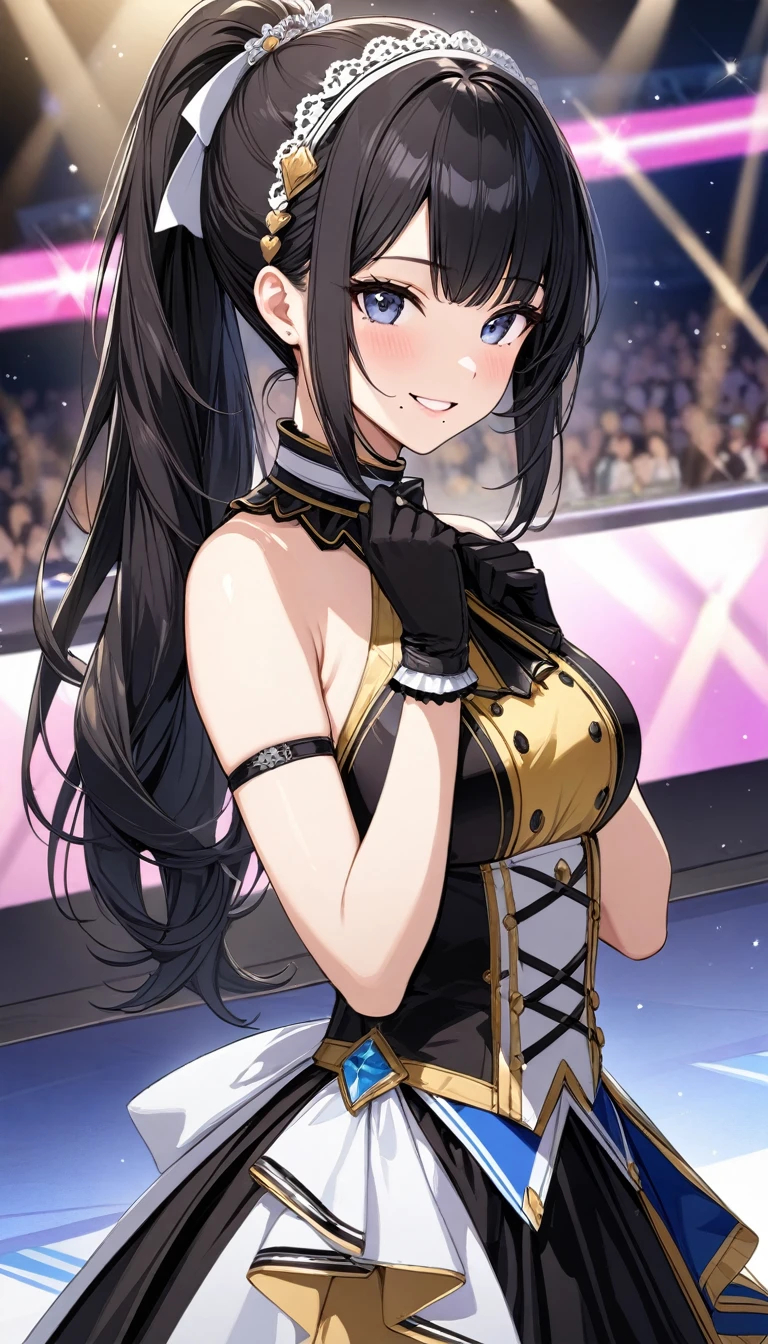 (masterpiece),(Please redeem),(Super detailed),(Best illustrations),(Best Shadow),(Absurd),(Detailed Background),(so beautiful),  Hiori said:, Black Hair, ponytail, smile, One Girl, Long Hair, Hairbands, ponytail, gloves, bangs, Idol, Browse your viewers, Mole under the mouth, 