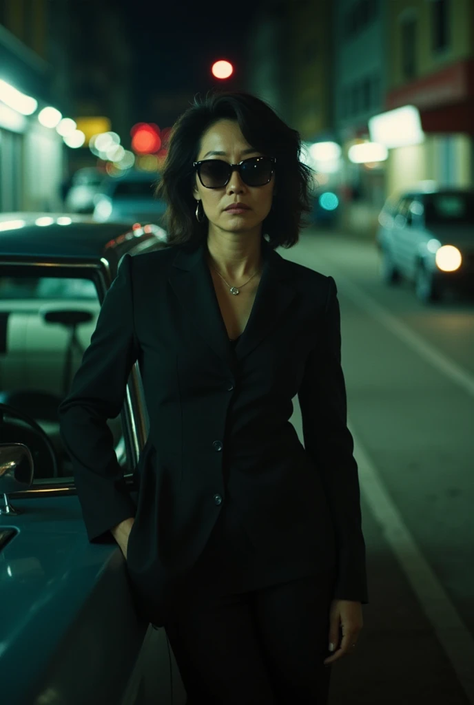 cinematography, realistic, retro, film grain, dark lighting, solo, a middle age woman in black suit and black sunglasses, stern expression, hand in pocket, he leaning against a car, blurry, bokeh