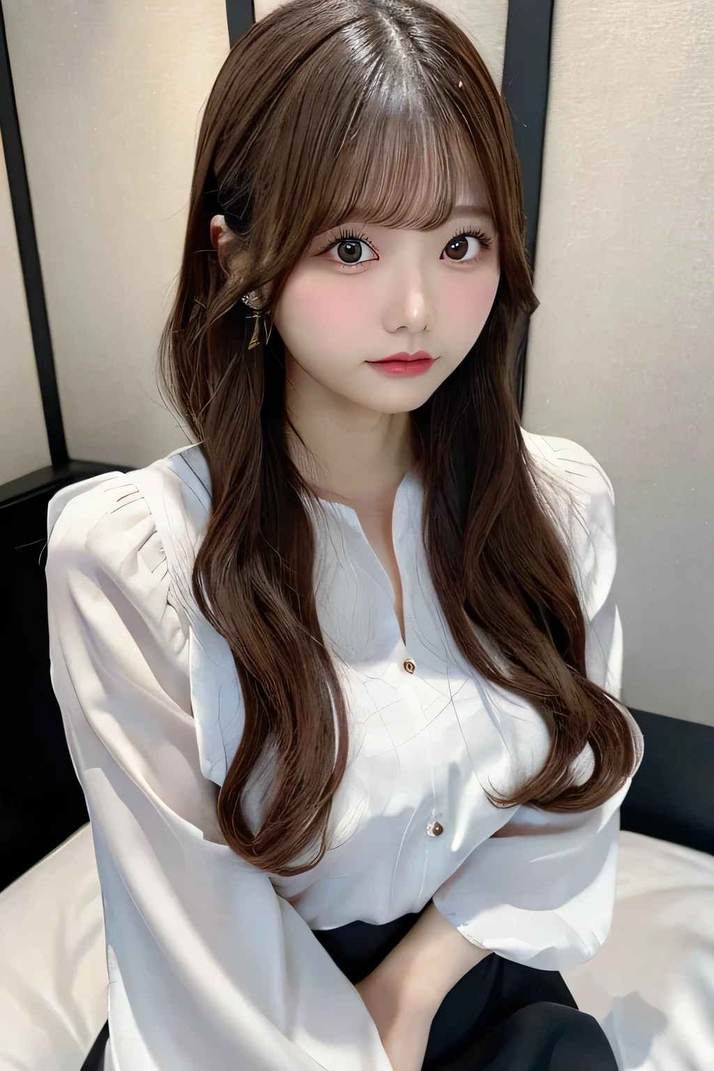 Masterpiece,best quality,high quality,detailed,ultra detailed.4K/8k,Full-HD,high resolution１gitl, medium long hair、Brown Hair、Japanese idol in her 20s 、Plump Cheeks、Pink lips、（white Formal shirt:1.4),Black tight skirt、Hotel、 on the bed、blurred background、Portrait