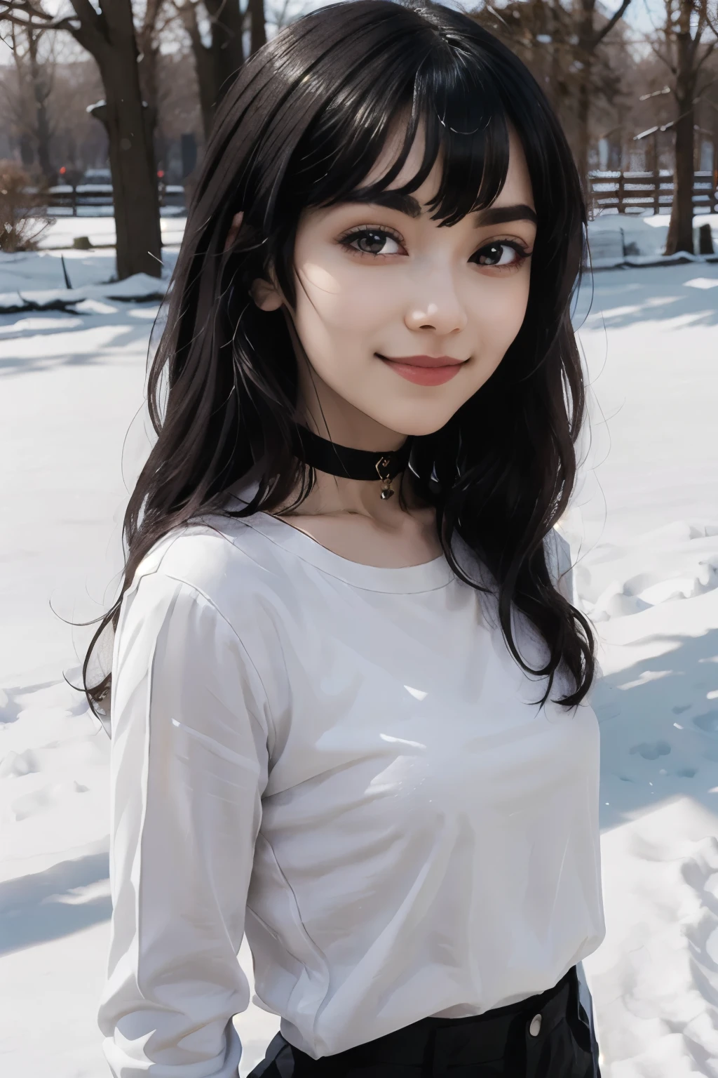 Miyumrkw, red eyes, long black hair, choker, white shirt, looking at viewer, smiling, portrait, outside, park, trees, winter, snow, blue sky, high quality, masterpiece, 