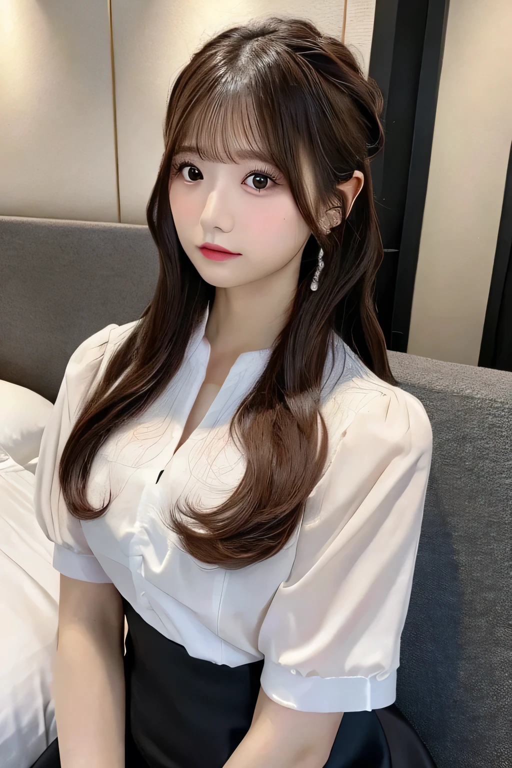 Masterpiece,best quality,high quality,detailed,ultra detailed.4K/8k,Full-HD,high resolution１gitl, medium long hair、Brown Hair、Japanese idol in her 20s 、Plump Cheeks、Pink lips、（white Formal shirt:1.4),Black tight skirt、Sit down and look at me、Hotel、 on the bed