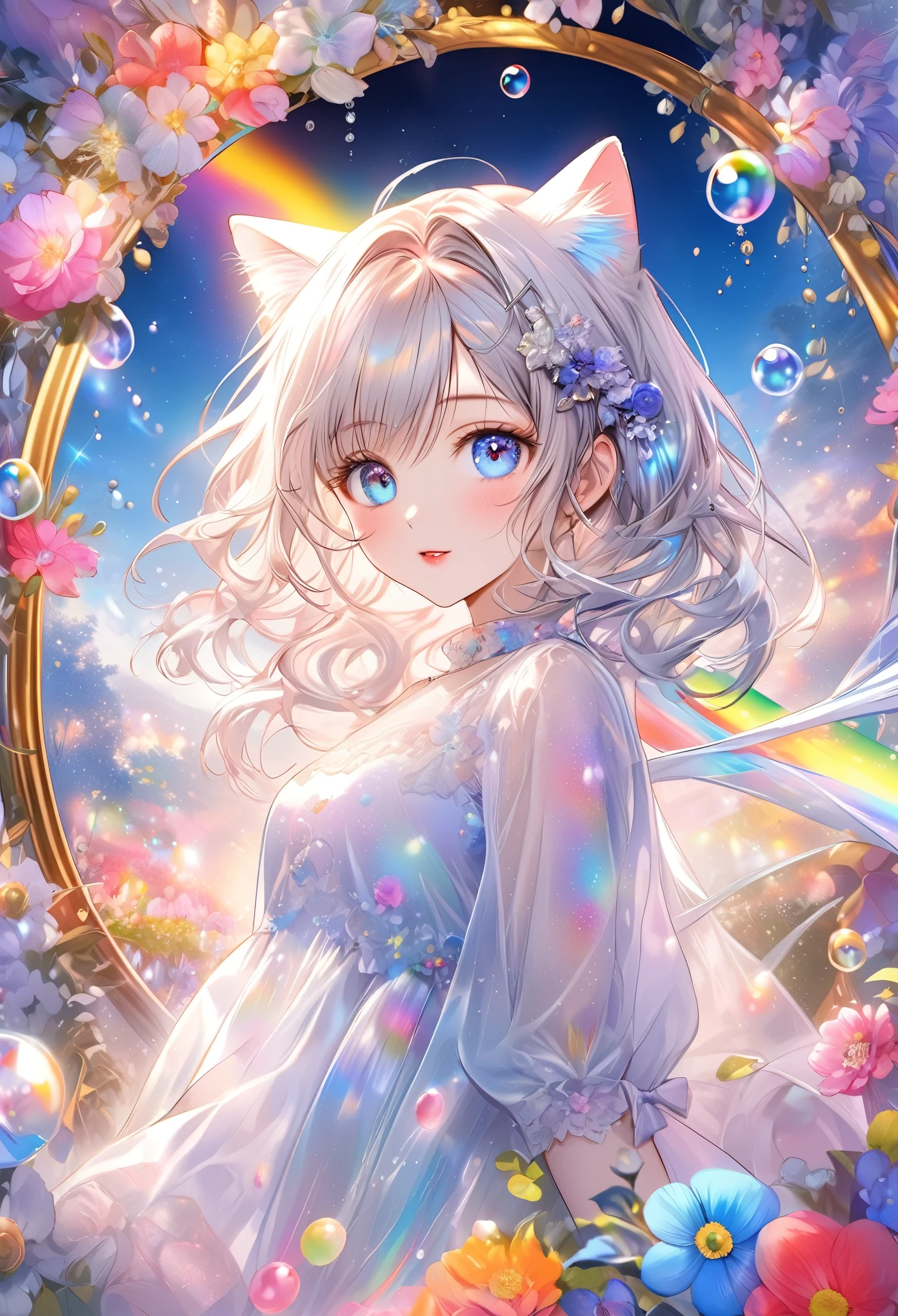 (((masterpiece))), (((Best Quality))),((Ultra-detailed)), A fusion of watercolor and oil painting, Psychedelic World, Watercolor splash,Very colorful tones, Commemorative photo, White Dress、Ultra-precise embroidery, See-through lace, ribbon, See-through frills,cute, beautiful girl, , 1 cute girl, (Look forward), ( are looking at me), (Very delicate and beautiful face), ( beautiful eyes down to the smallest detail), ((((Heterochromia Iridum - Red and Blue Eye Color)))),Odd Eye, Through the bangs, Shiny white hair, Loosely Curly Bob, beautiful attention to detail, Beautiful lip detail, very detailed face, Attractive eyes, Long eyelashes, smile, Open your mouth a little, Cat ears, 髪の色と同じ色のCat ears,One Girl, (( the most beautiful girl ever))),strawberry, strawberry, digital art, Pastel colors, ((Use the rainbow as your main color)), bright colors ,Fantasy Artwork,Dreamy,Mythical fantasy with rainbow accents,Fairytale Fantasy,((( colorful flowers ))), (((Translucent rainbow))),Rainbow Gradient,Subtle iridescent detailing,Gives off a magical aura, Exquisite Details ,Heavenly, Colorful Flowers,((Upper body close-up)),Soft lighting, Cinematic , romantic, Doll、Framing above the chest, Colorful gel background, Fractal Floral Background, Soap bubbles, Sparkling, Sparkling, Small faint lights and flying fireflies,Night Sky, perfect lighting, sharp focus , high res, high res,High color rendering, high res