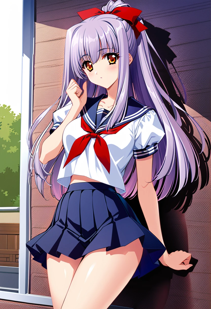 Suzuna Kuraki, 1 girl ,Alone,、(Sailor suit、Navy Skirt)、Thighs、Long Hair, ponytail,Red ribbon,(Purple Hair),,Orange Eyes,classroom、 cowboy shot、