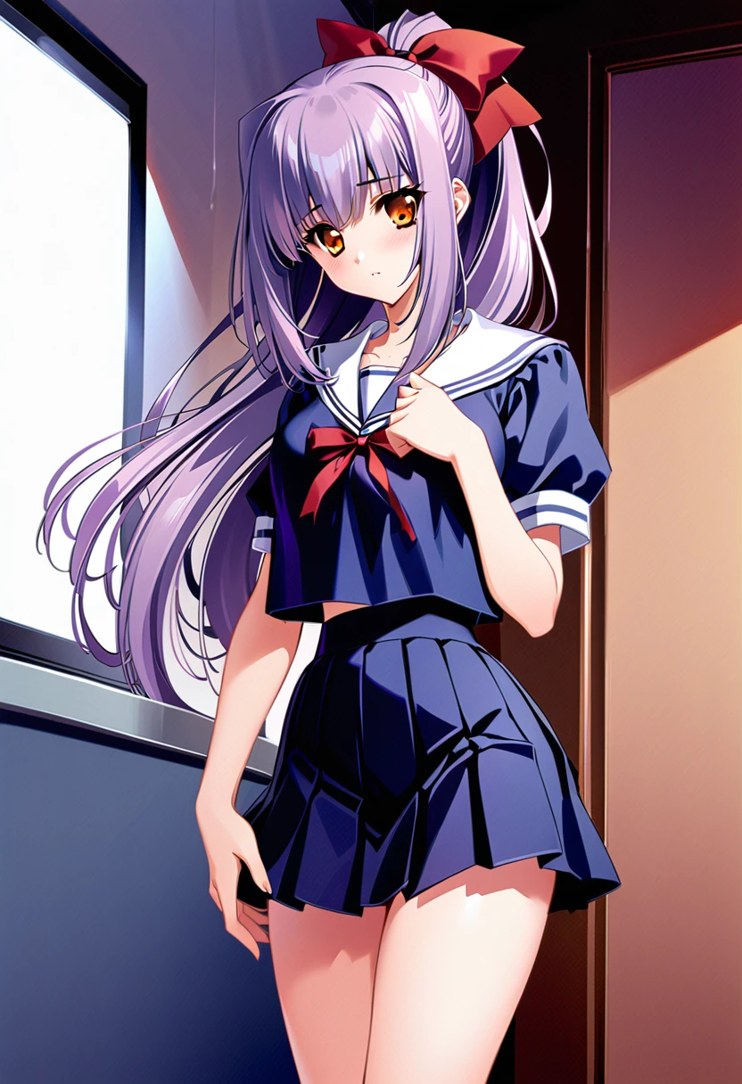 Suzuna Kuraki, 1 girl ,Alone,、(Sailor suit、Navy Skirt)、Thighs、Long Hair, ponytail,Red ribbon,(Purple Hair),,Orange Eyes,classroom、 cowboy shot、