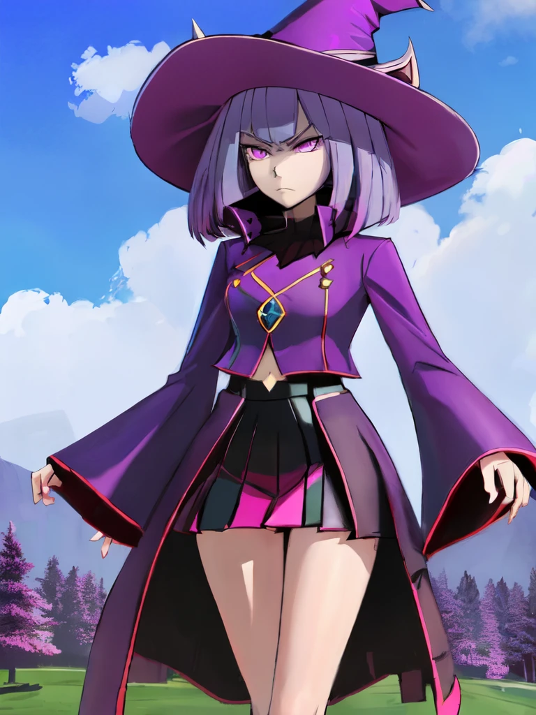 palkatress, anthro, solo, female, tall slender body, wearing purple wizards hat, spiked purple cat ears with white tips, purple eyes, purple collared crop top with long sleeves, black flowy skirt, bare legs, turquoise furry body, white feet paws, black cat nose, cute cat snout, turquoise hair, standing, grass valley, detailed background, high collar, jitome, expressionless, frowning, by fumiko, by hyattlen, by hioshiru, detailed, high resolution