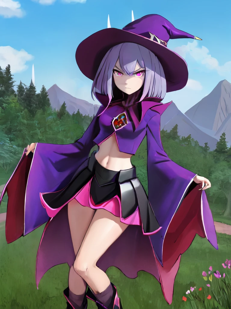 palkatress, anthro, solo, female, tall slender body, wearing purple wizards hat, spiked purple cat ears with white tips, purple eyes, purple collared crop top with long sleeves, black flowy skirt, bare legs, turquoise furry body, white feet paws, black cat nose, cute cat snout, turquoise hair, standing, grass valley, detailed background, high collar, jitome, expressionless, frowning, by fumiko, by hyattlen, by hioshiru, detailed, high resolution