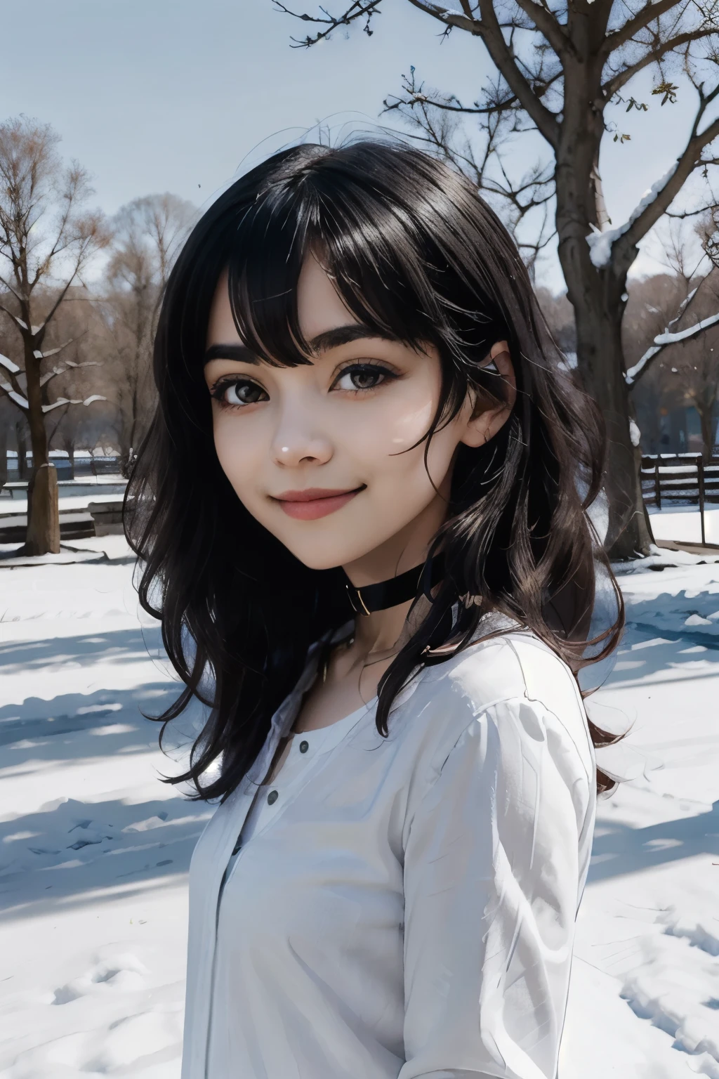 Miyumrkw, red eyes, long black hair, choker, white shirt, looking at viewer, smiling, portrait, outside, park, trees, winter, snow, blue sky, high quality, masterpiece, 