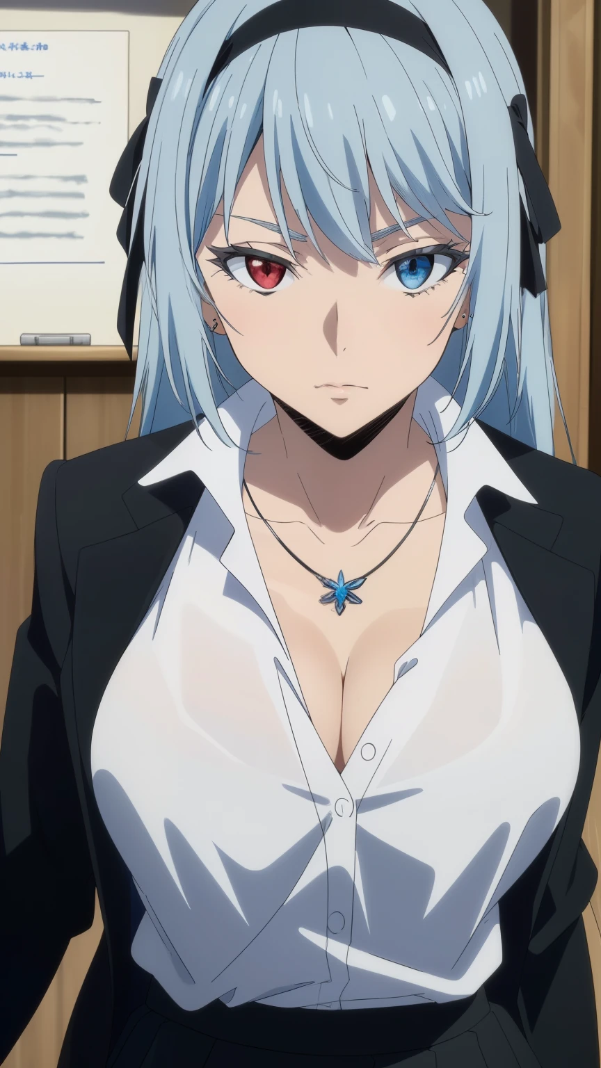 (masterpiece, best quality, high resolution, 8k:1.2), anime coloring, unity 8k wallpaper, (beautiful detailed eyes:1.2), highly detailed face, perfect lighting, highly detailed CG, perfect hands, perfect anatomy, 1 girl, young woman, (mature face:1.5), bearish sentiment, 1 girl, Luminous, tensura, beautiful detailed eyes, Heterochromia, red eyes, blue eyes, bangs, silver hair, long hair, hair ribbon, hair band, jewelry, necklace, collarbone, (Long-sleeved black blazer, T-shirt, black tight skirt, office room:1.2), Cowboy shot, Dynamic pose,