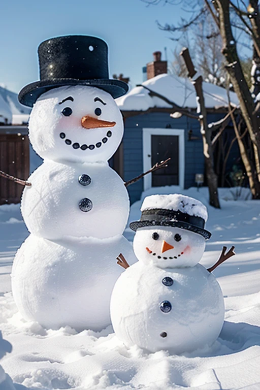Children building a cheerful snowman in the front yard, adorned with a carrot nose and a top hat