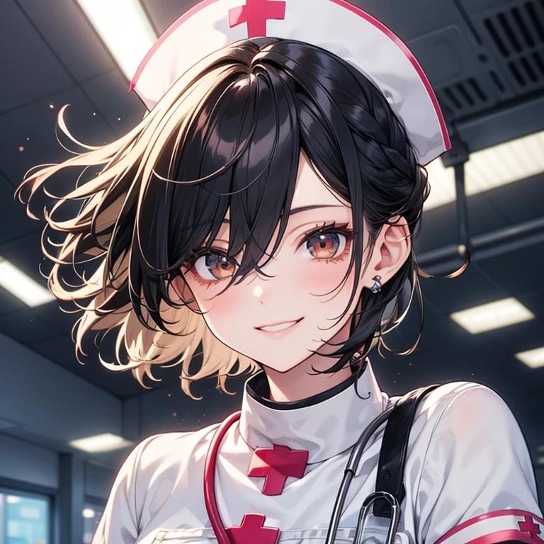 From below, Portraiture, Kind and beautiful nurse, Cool face, A shy smile, Superb proportions, She is wearing a loose cardigan over her nurse uniform., Glitter effect, fog effect