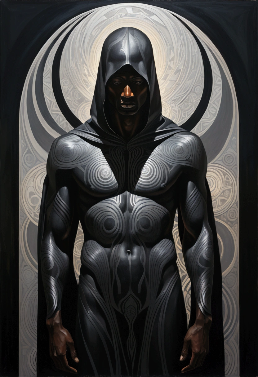 Art by Brad Kunkle, Marvel character Cloak ,  dark African youth male in full body black leather suit,  , face hidden covered completely in deep deep shadow by black hood, in a fore shortened dynamic hero action pose, black leather body suit ingulfed in Icon dark  black and blue striped voluminous dynamic hooded cloak, whirling and swirling around as per marvel character,  best quality, masterpiece, Ultra high detail, 8k

