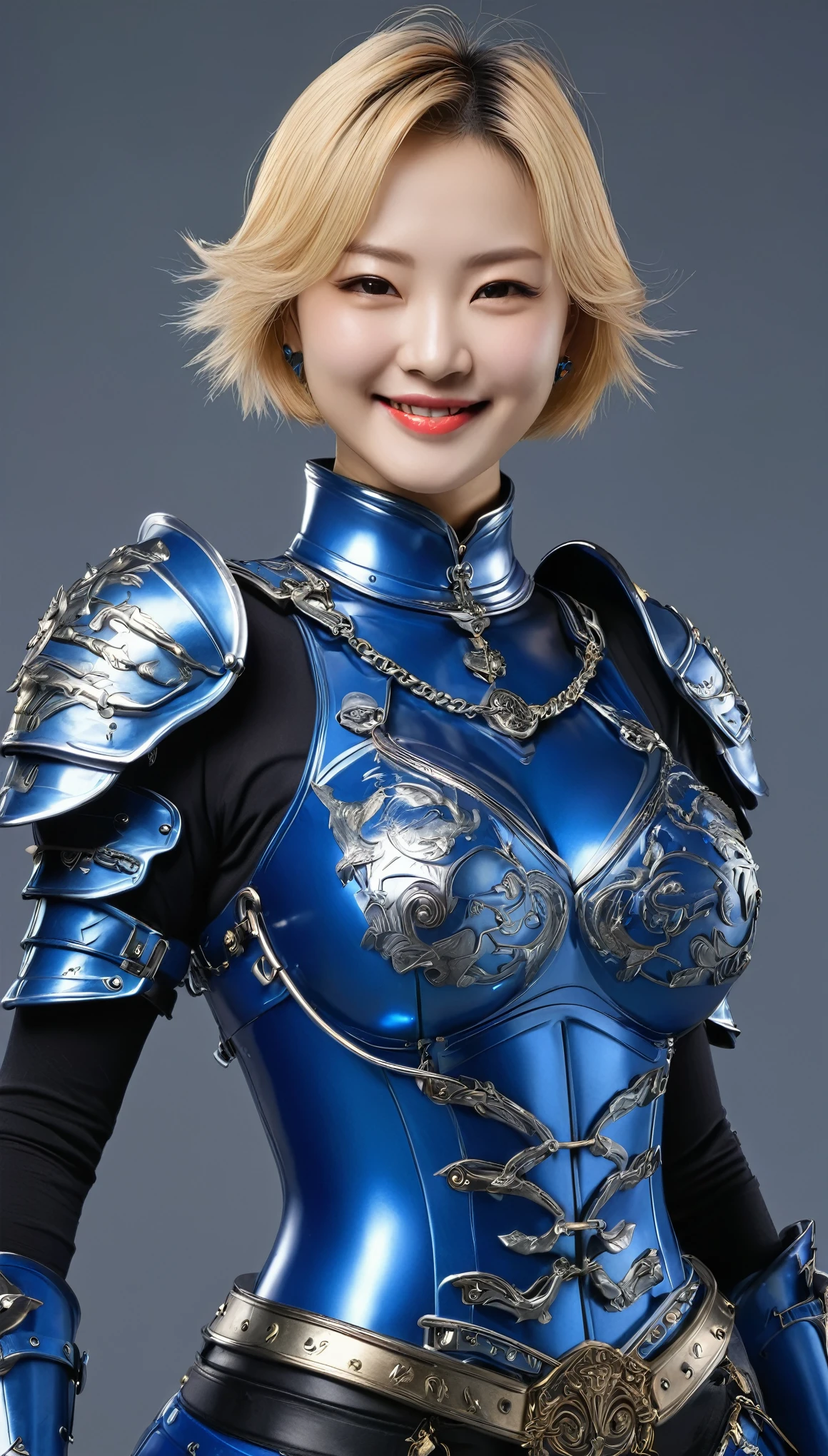 masterpiece,Best Quality,top,(Blue metal protective armorを装着したFemale warrior:1),(Blue metal protective armorを装着したFemale warrior:1.3), (3 female knight:1.3),、((( big and rich breasts))) (((大きなBig cleavage))) ,Hyper Real,Future City 2205 ,Beautiful Smile、Female warrior、最後の詳細までDelicate skin texture、Detailed Expression (Very large )、(Beautiful middle-aged woman)、(short hair)、(blonde)、Delicate skin texture、Very large 、Female warrior、Big cleavage、Blue metal protective armor、Decorated metallic blue boots、 blue metal necklace and collar 、Large blue metal earrings、Red lips、(((豪華なBlue metal protective armorを着ている)))、 metallic blue long gloves 、(Female warrior)、(Future City 2205 )、