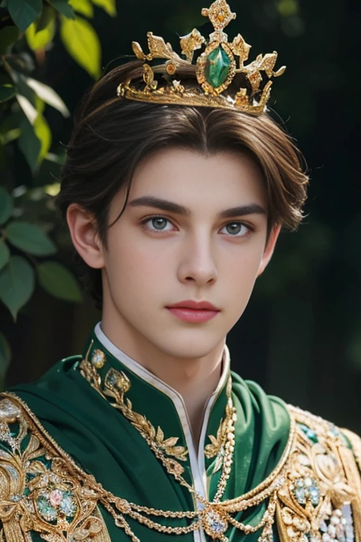 
 A delightful portrait of a handsome Slavic prince,  Characteristics of fantastic beauty  , charming look, shining eyes, wearing a crown of diamonds and jewels ,  Encrusted with floral crystals  ,  Ultra-detailed  ,Beautiful and majestic  ,green background.