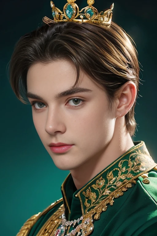 
 A delightful portrait of a handsome Slavic prince,  Characteristics of fantastic beauty  , charming look, shining eyes, wearing a crown of diamonds and jewels ,  Encrusted with floral crystals  ,  Ultra-detailed  ,Beautiful and majestic  ,green background.