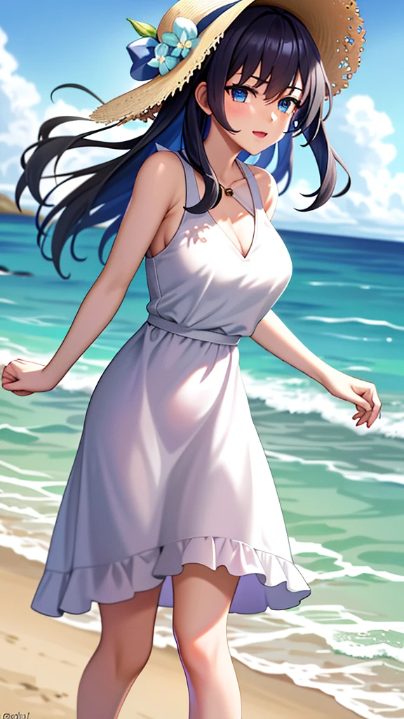 Outfit: Floral dress, White low heels, straw hat. Location: Seaside promenade. Posing: One hand raised, hair blowing in the wind.Clothes that stick to the chest.(Image:3k Pixels.Draw neat lines. Number of people: 1 person).(1 right arm),(1 left arm),(1 right leg),(1 left leg),((Depictingthe fiveneatly shaped fingertips)),