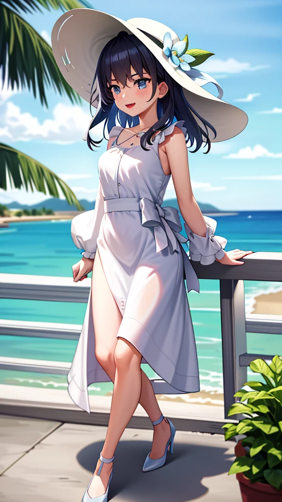 Outfit: Floral dress, White low heels, straw hat. Location: Seaside promenade. Posing: One hand raised, hair blowing in the wind.Clothes that stick to the chest.(Image:3k Pixels.Draw neat lines. Number of people: 1 person).(1 right arm),(1 left arm),(1 right leg),(1 left leg),((Depictingthe fiveneatly shaped fingertips)),