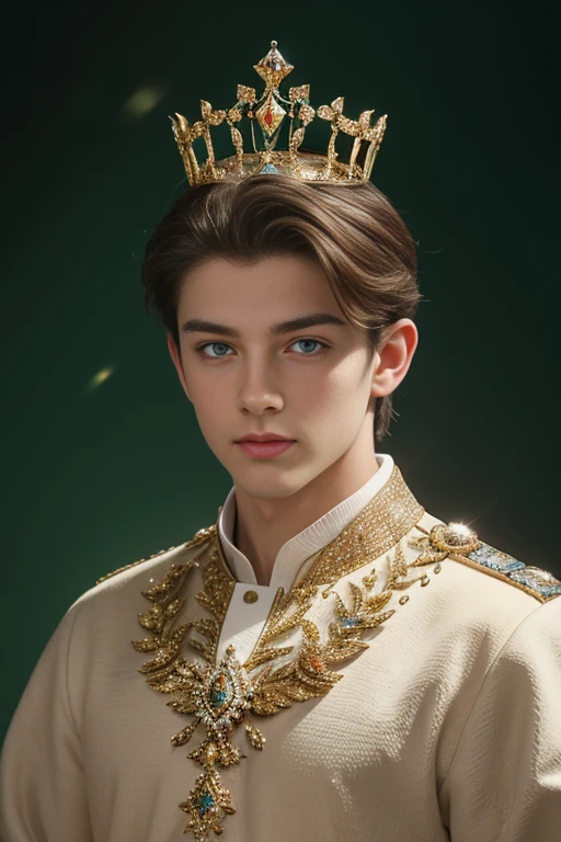 
 A delightful portrait of a handsome Slavic prince,  Characteristics of fantastic beauty  , charming look, shining eyes, wearing a crown of diamonds and jewels ,  Encrusted with floral crystals  ,  Ultra-detailed  ,Beautiful and majestic  ,green background.