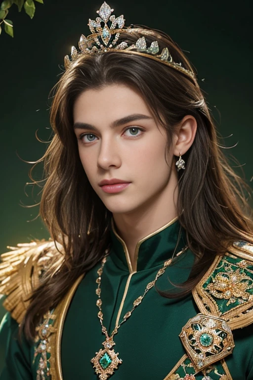 
 A delightful portrait of a handsome Slavic prince,  Characteristics of fantastic beauty  , charming look, shining eyes, wearing a crown of diamonds and jewels ,  Encrusted with floral crystals  ,  Ultra-detailed  ,Beautiful and majestic  ,green background.