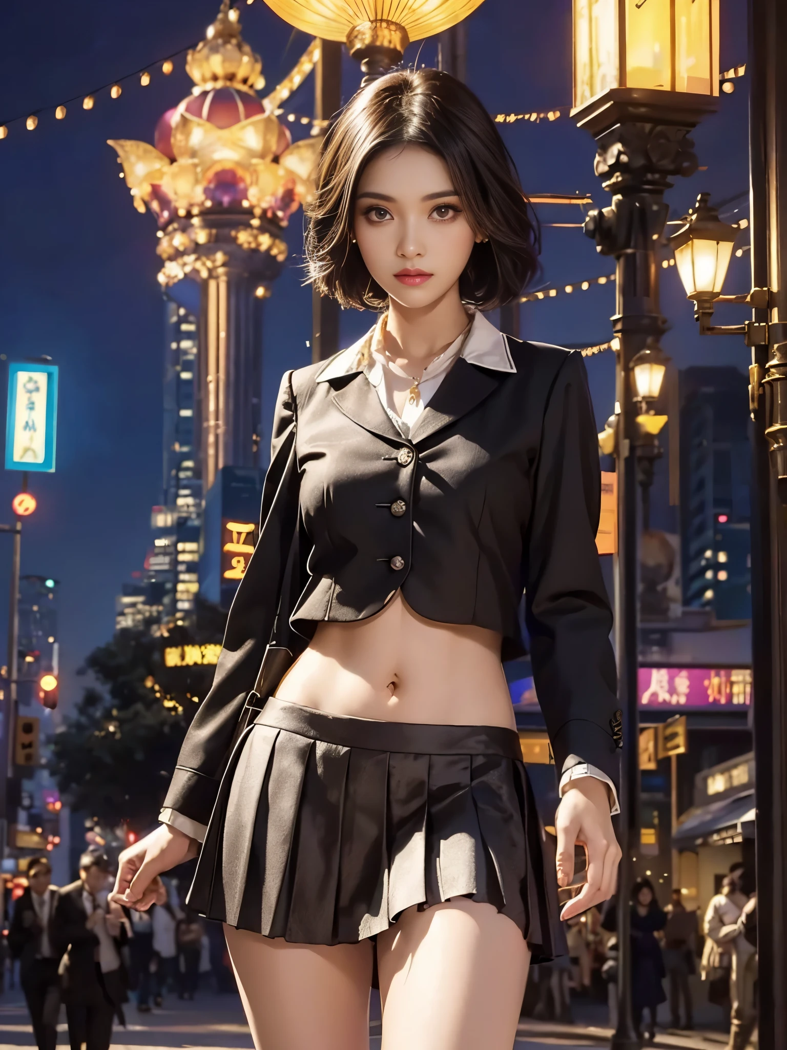 cute young Woman, short black Hair, Brown Eyes, Empress,pleated skirt suit,street lamps,neons,bustling street background,(navel:1.1,princess eyes), Nobility, Royalty, High Quality, Masterpiece, Highly Detailed