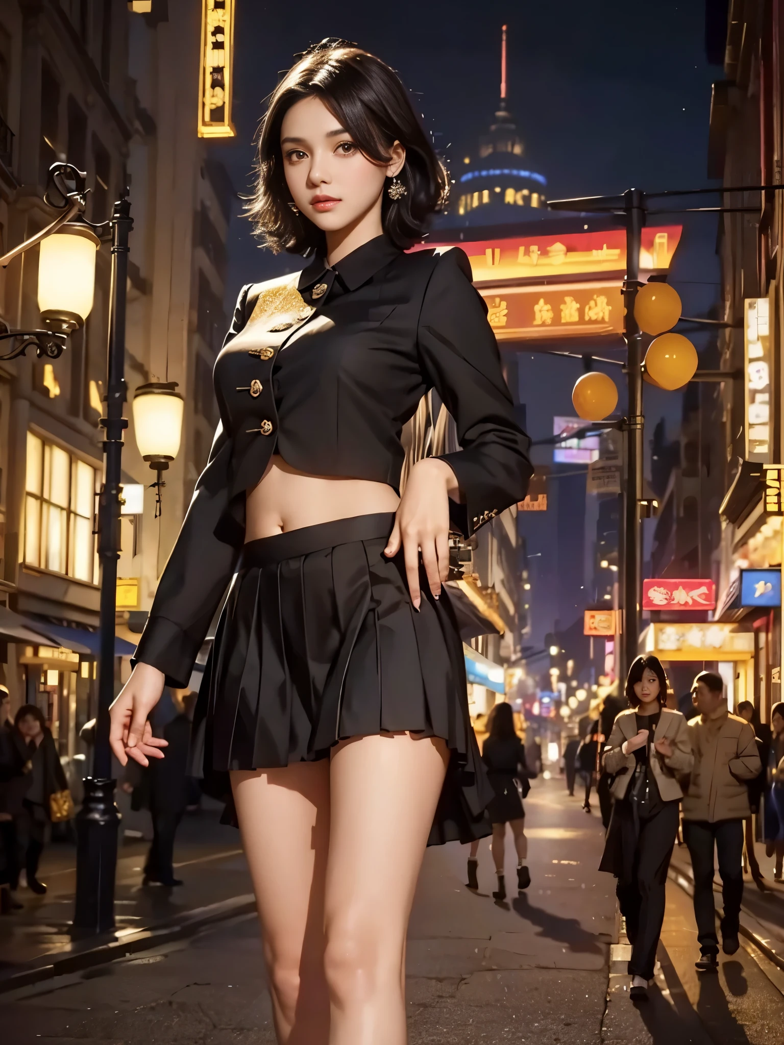 cute young Woman, short black Hair, Brown Eyes, Empress,pleated skirt suit,street lamps,neons,bustling street background,(navel:1.1,princess eyes), Nobility, Royalty, High Quality, Masterpiece, Highly Detailed