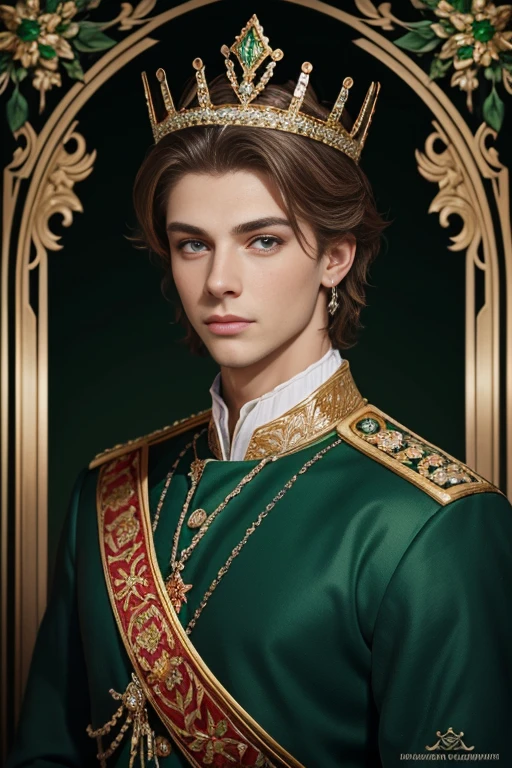 
 A delightful portrait of a handsome Slavic prince,  Characteristics of fantastic beauty  , charming look, shining eyes, wearing a crown of diamonds and jewels ,  Encrusted with floral crystals  ,  Ultra-detailed  ,Beautiful and majestic  ,green background.