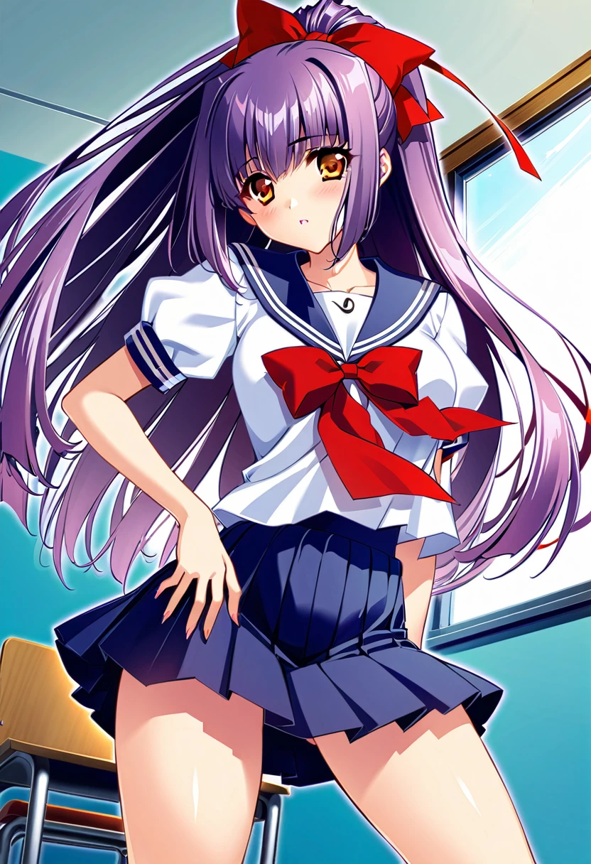 Suzuna Kuraki, 1 girl ,Alone,、(Sailor suit、Navy Skirt)、Thighs、Long Hair, ponytail,Red ribbon,(Purple Hair),,Orange Eyes,classroom、 cowboy shot、