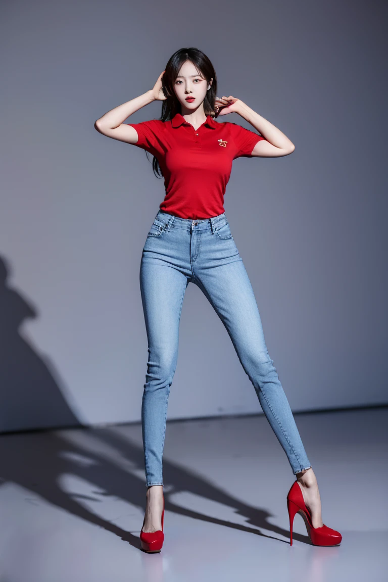 Hot Korean woman wearing red tennis polo, blue skinny tight jeans, and red high heels. Full body from head to toe. Standing in a full height from head to toe. 8k HD resolution best quality. Studio Background 