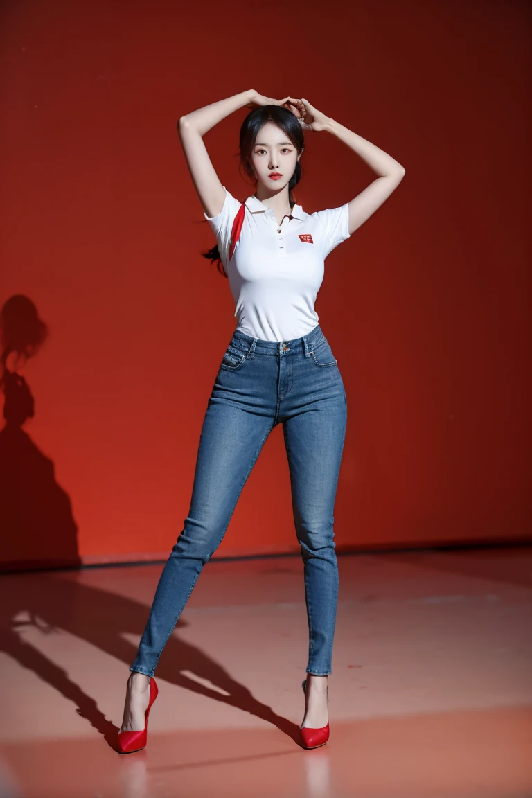 Hot Korean woman wearing red tennis polo, blue skinny tight jeans, and red high heels. Full body from head to toe. Standing in a full height from head to toe. 8k HD resolution best quality. Studio Background 