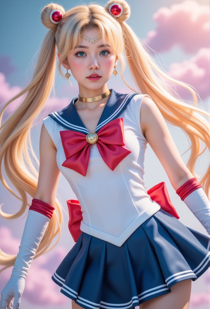 close up,  1 girl, Sailor Suit, Tsukino Usagi, (Sailor Suit chiseki uniform:1.2), (Aqua eyes:0.9), blond,  medium length hair , Wedge Skirt,  Best quality, earrings, masterpiece, high resolution,  intricate details , (Practical)), photography, (White elbow gloves:1.1), Jewelry, Medium breasts, whole body, Dynamic Background, Dynamic poses, White