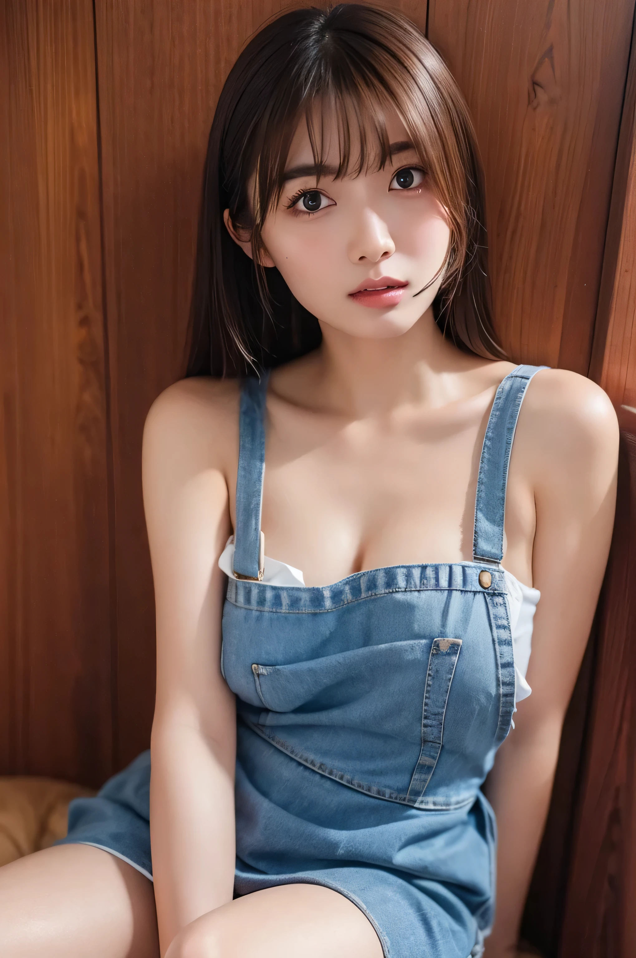 Highest quality、、 Compensate、masterpiece、Ultra-high resolution、Clear photos、Natural light、Very cute girl、The cutest Erina Mano、、(Small breasts:1.6、Flat Chest:1.6)、Slender body、Tight waist、Very short bob cut、Brown Hair、smile、Delicate face、Beautiful Skin、(Naked and wearing overalls:1.4)、slouch、Her cleavage is visible、living room、Head to knee photo:1.8